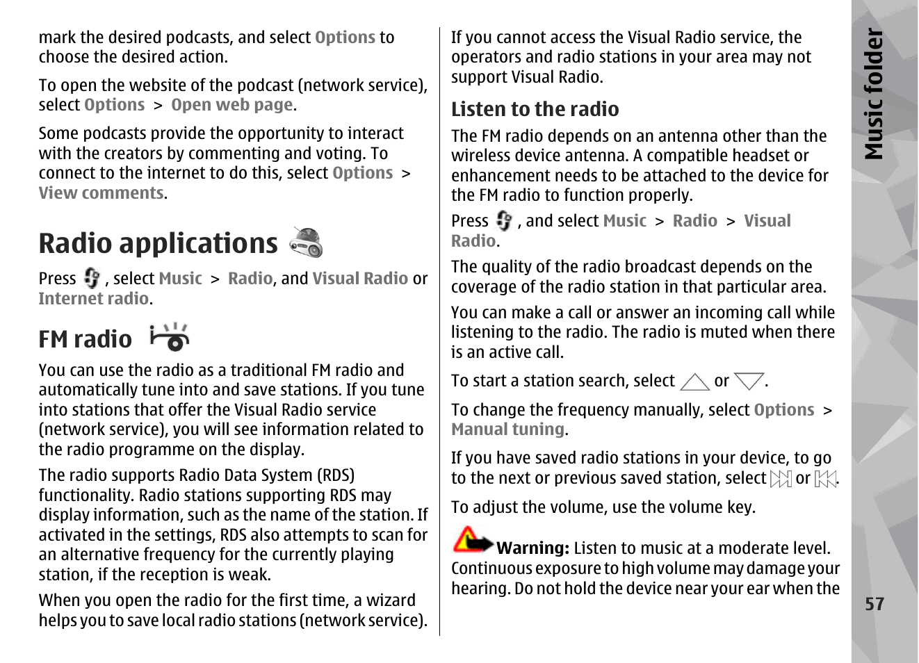 Radio applications, Fm radio, Listen to the radio | Music fol der | Nokia N96 User Manual | Page 57 / 396