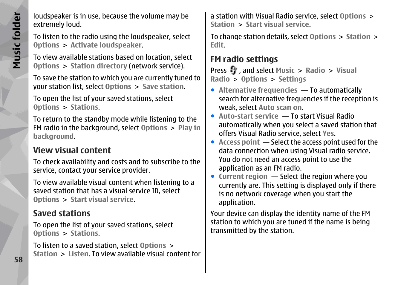 View visual content, Saved stations, Fm radio settings | Music fol der | Nokia N96 User Manual | Page 58 / 396