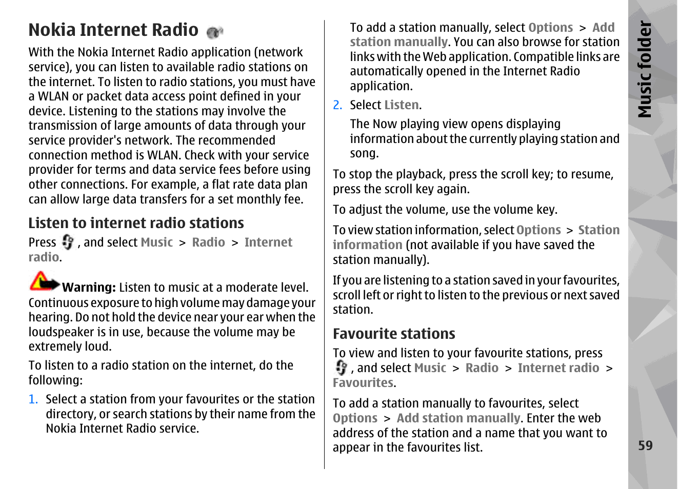 Nokia internet radio, Listen to internet radio stations, Favourite stations | Music fol der | Nokia N96 User Manual | Page 59 / 396