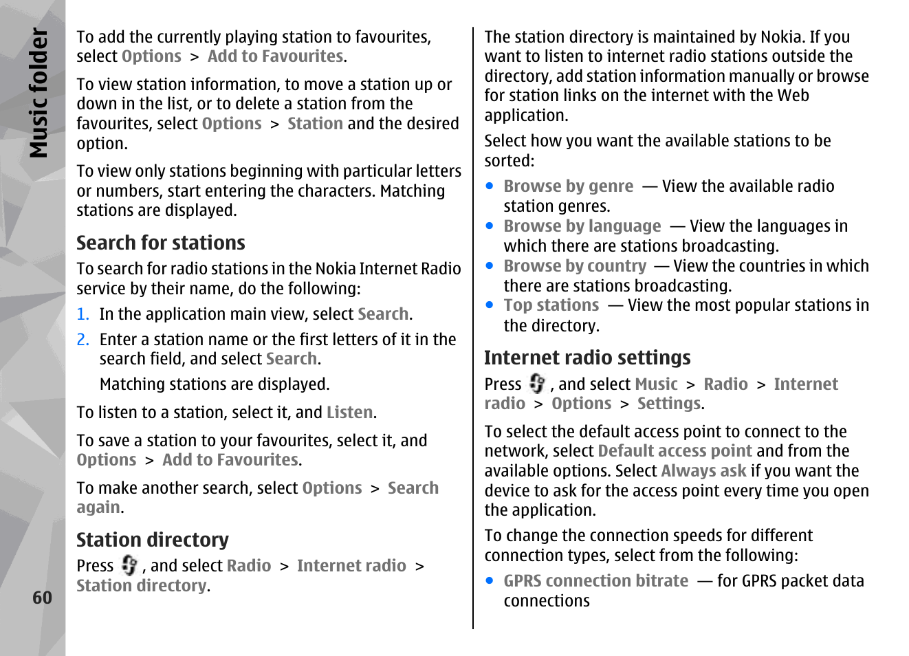 Search for stations, Station directory, Internet radio settings | Music fol der | Nokia N96 User Manual | Page 60 / 396