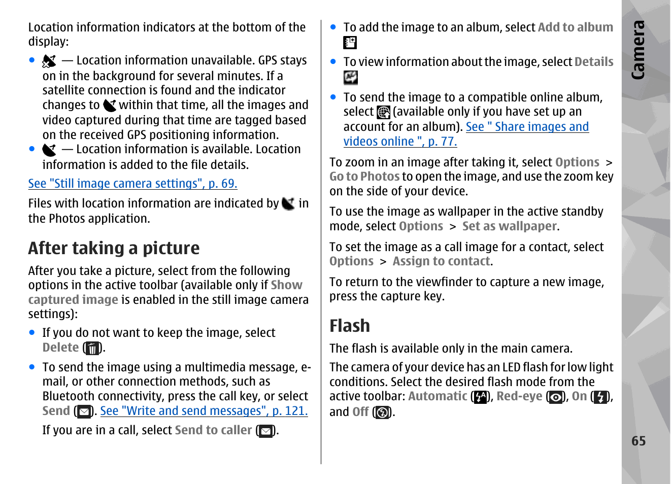 After taking a picture, Flash, See "after taking a picture", p. 65 | Ca mera | Nokia N96 User Manual | Page 65 / 396