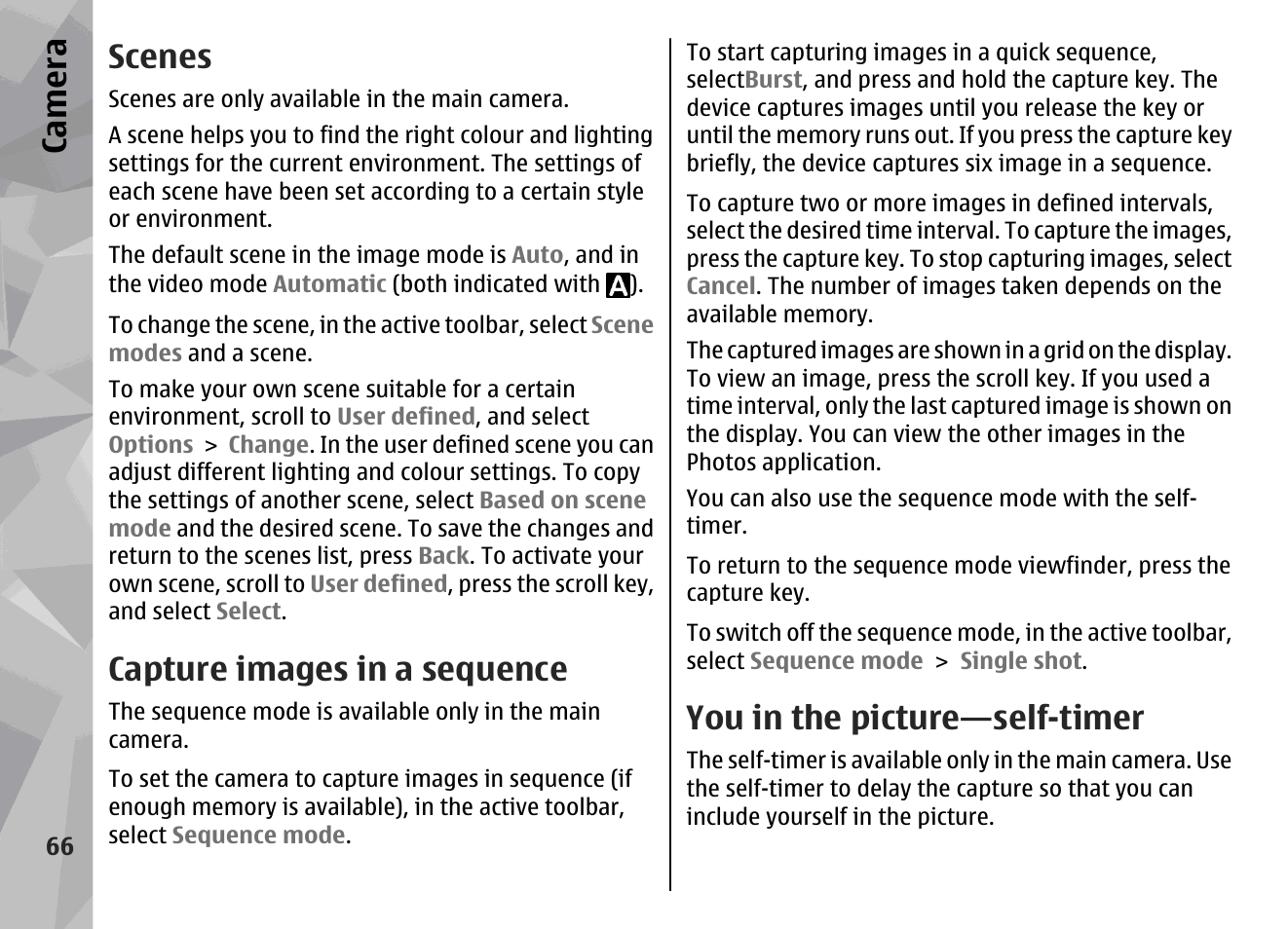 Scenes, Capture images in a sequence, You in the picture—self-timer | See "you, In the picture—self-timer", p. 66, Capture images in a sequence", p. 66, Ca mera | Nokia N96 User Manual | Page 66 / 396
