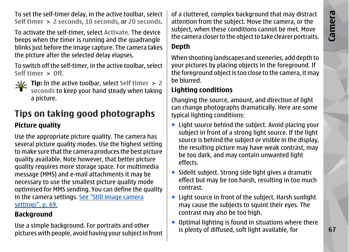 Tips on taking good photographs, Ca mera | Nokia N96 User Manual | Page 67 / 396