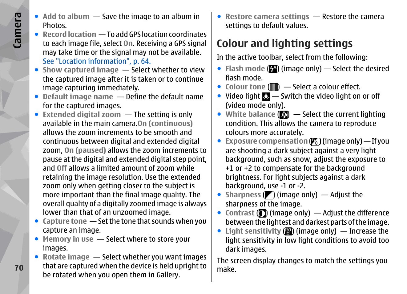 Colour and lighting settings, See "colour and lighting, Settings", p. 70 | Ca mera | Nokia N96 User Manual | Page 70 / 396