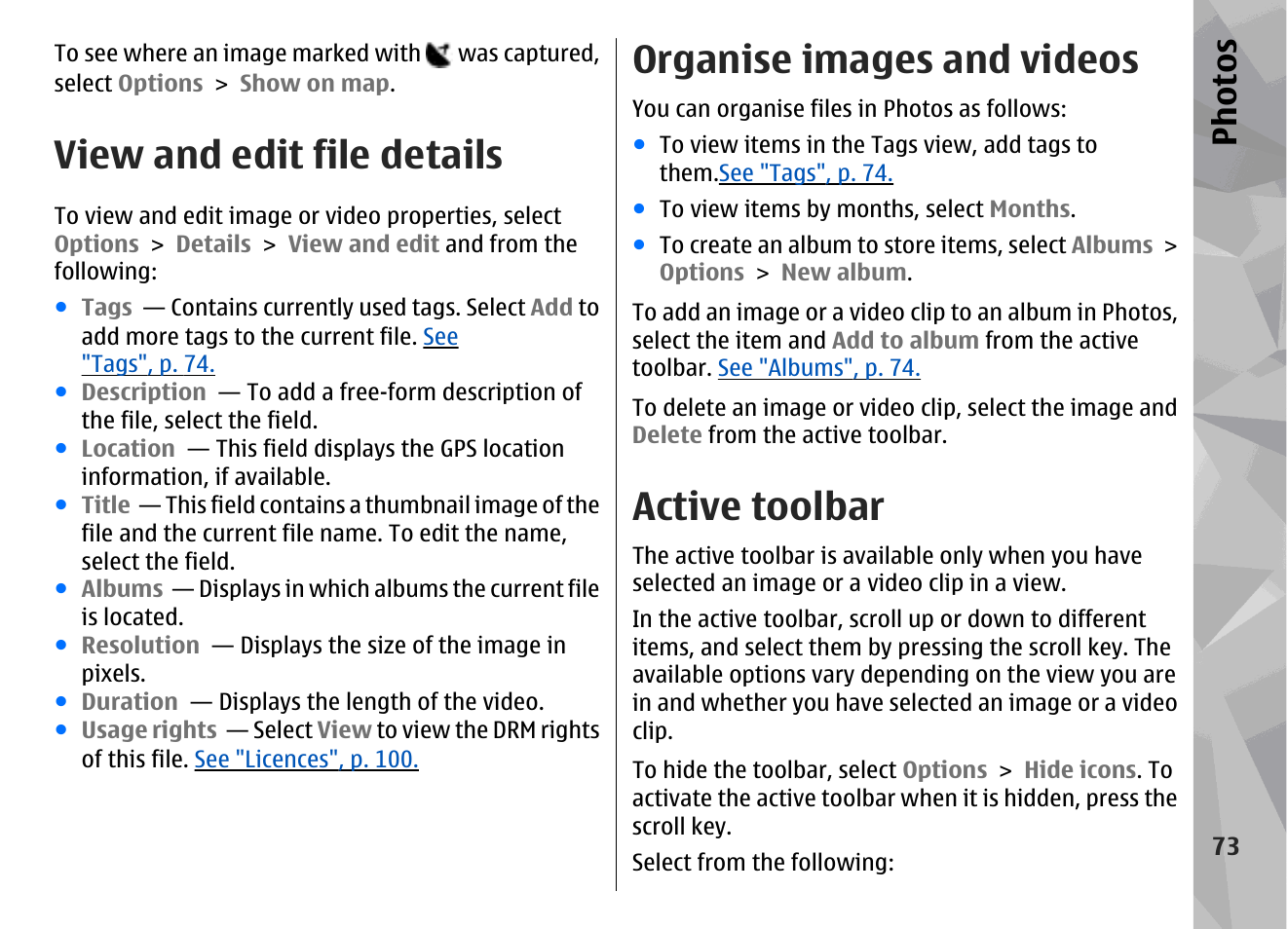 View and edit file details, Organise images and videos, Active toolbar | See "active toolbar", p. 73, Ph ot os | Nokia N96 User Manual | Page 73 / 396
