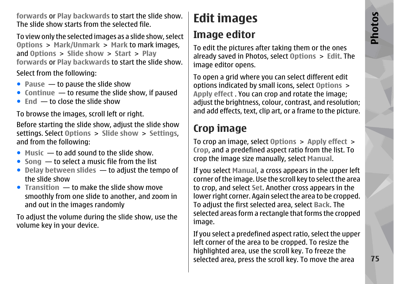 Edit images, Image editor, Crop image | See "edit, Images", p. 75, Ph ot os | Nokia N96 User Manual | Page 75 / 396