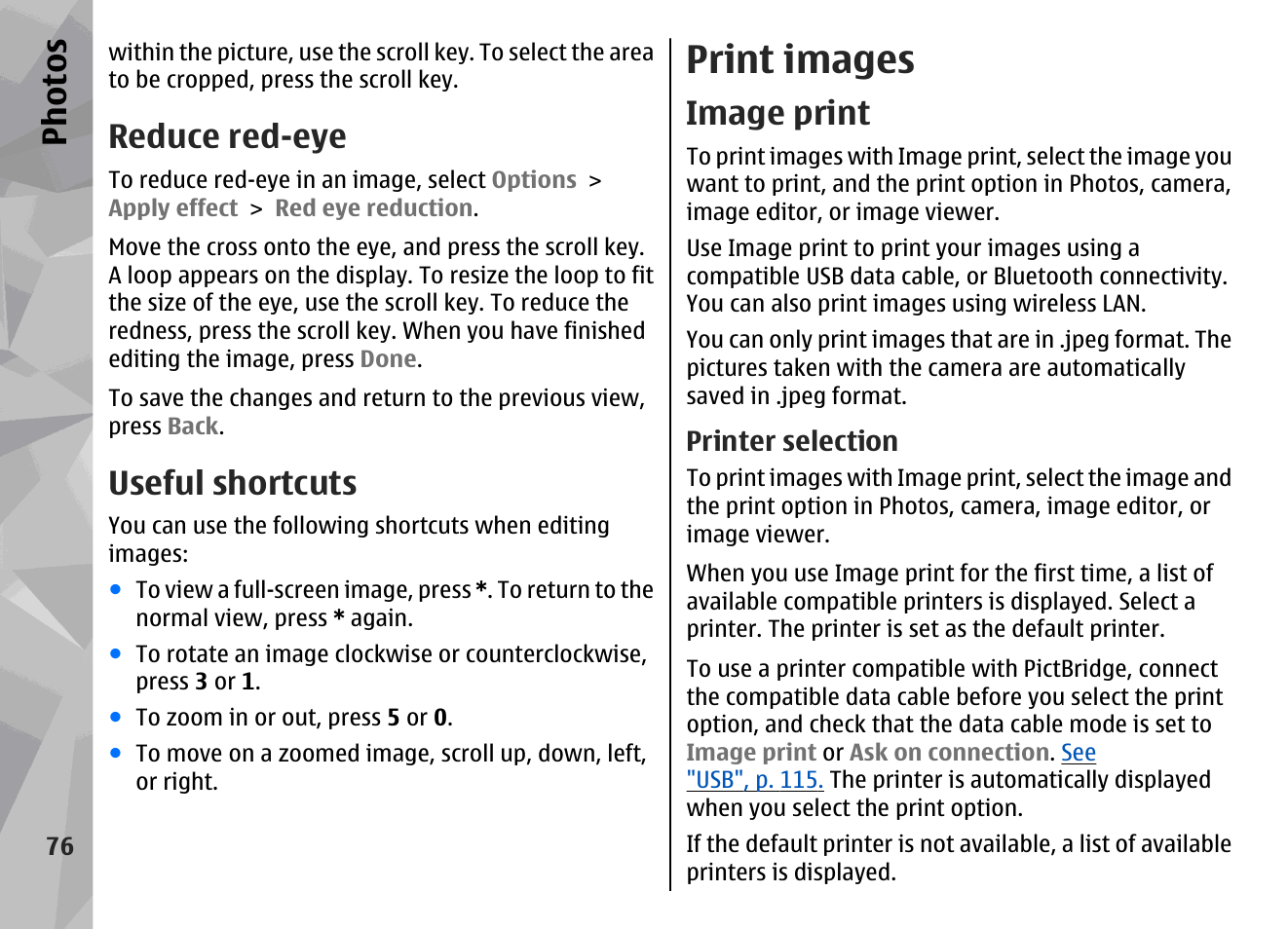 Reduce red-eye, Useful shortcuts, Print images | Image print, Printer selection, Ph ot os | Nokia N96 User Manual | Page 76 / 396