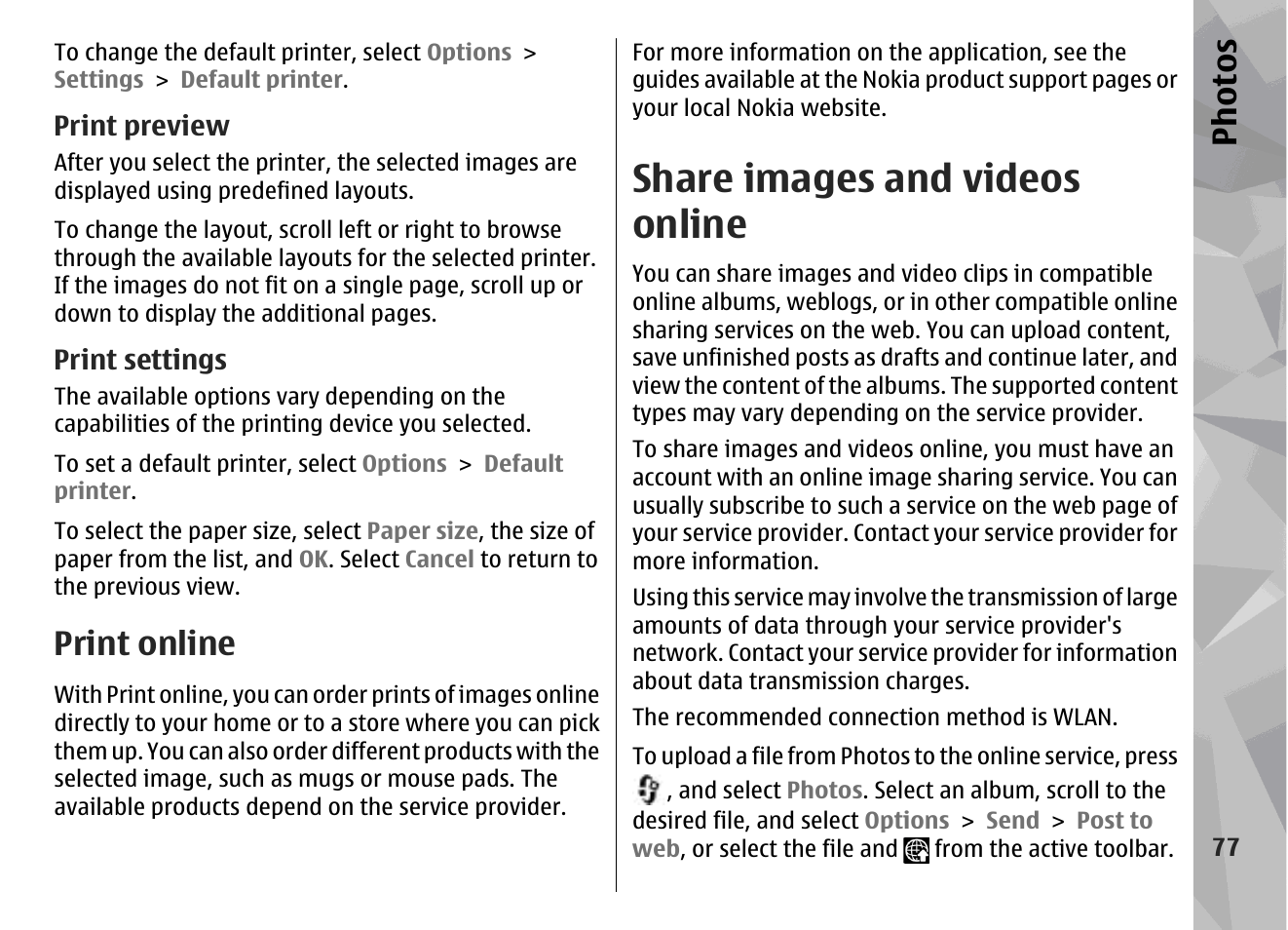 Print preview, Print settings, Print online | Share images and videos online, Online album, See " share images and, Videos online ", p. 77, Bum), Share images and videos online ", p. 77, Ph ot os | Nokia N96 User Manual | Page 77 / 396