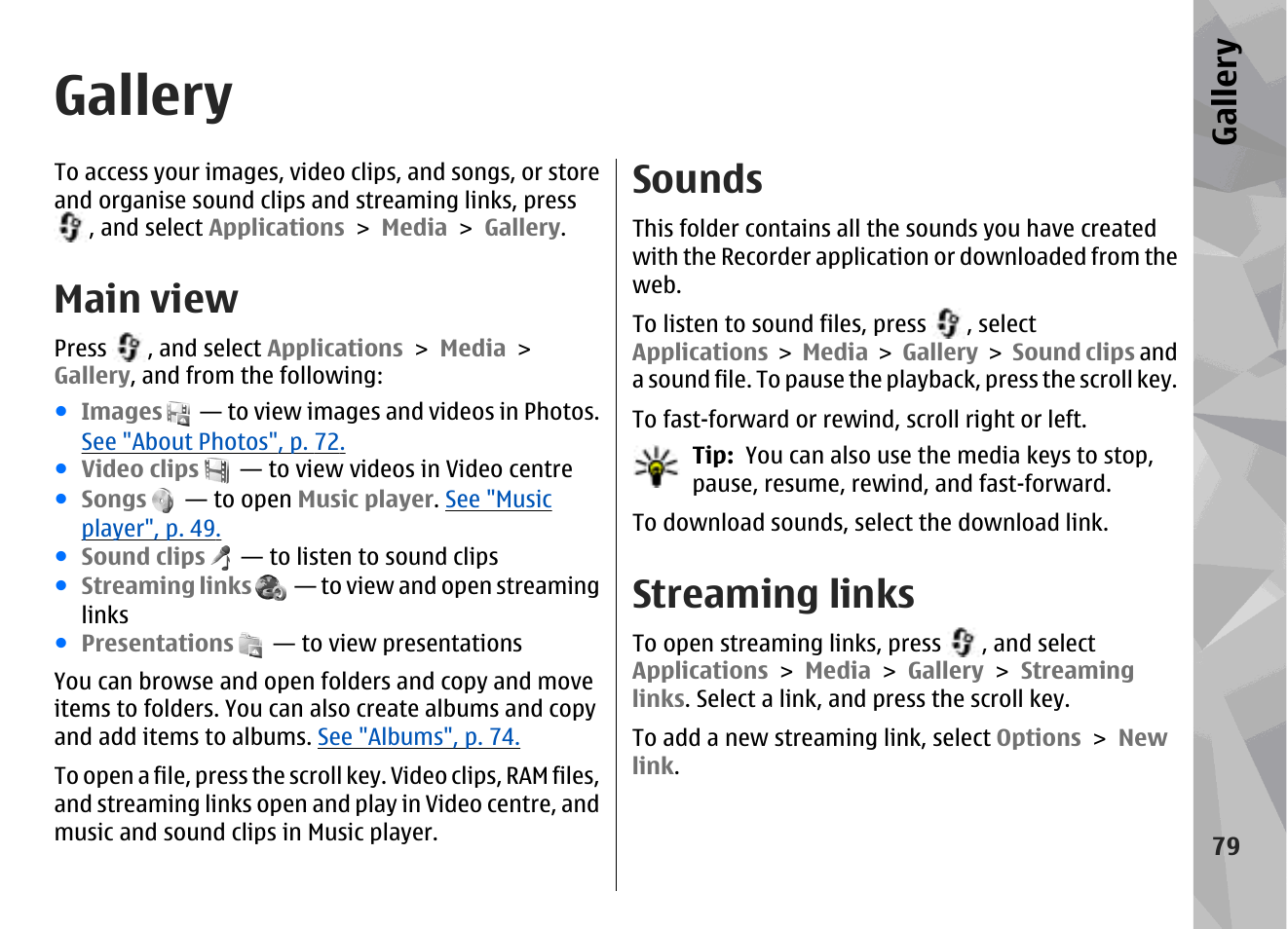 Gallery, Main view, Sounds | Streaming links | Nokia N96 User Manual | Page 79 / 396