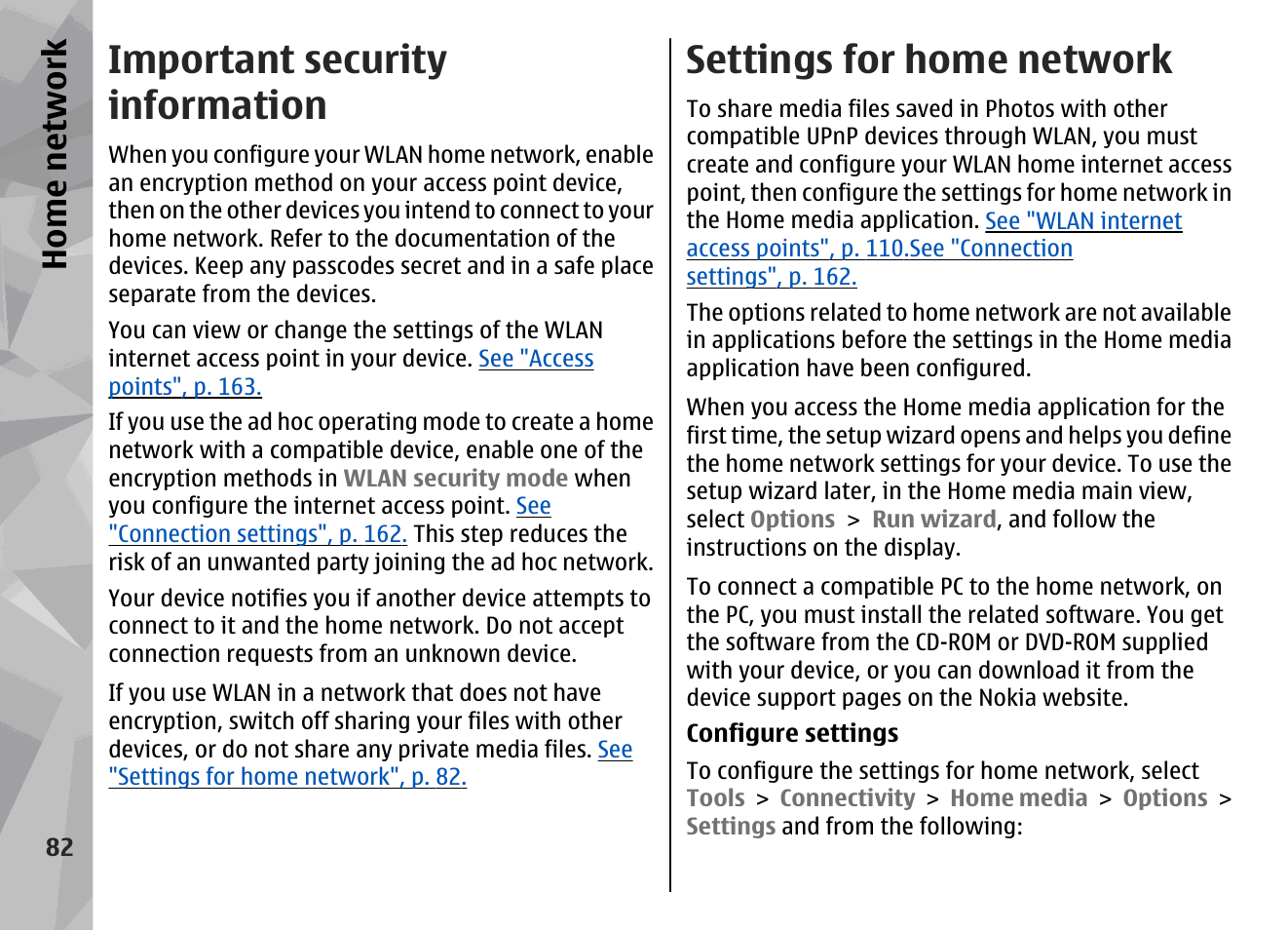 Important security information, Settings for home network, Home network | Nokia N96 User Manual | Page 82 / 396