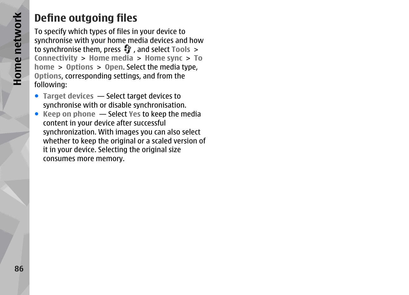 Define outgoing files, Home network | Nokia N96 User Manual | Page 86 / 396