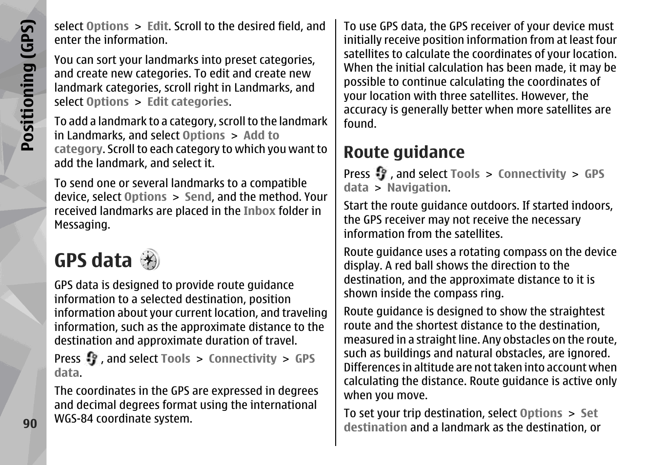 Gps data, Route guidance, Positioning (gps) | Nokia N96 User Manual | Page 90 / 396