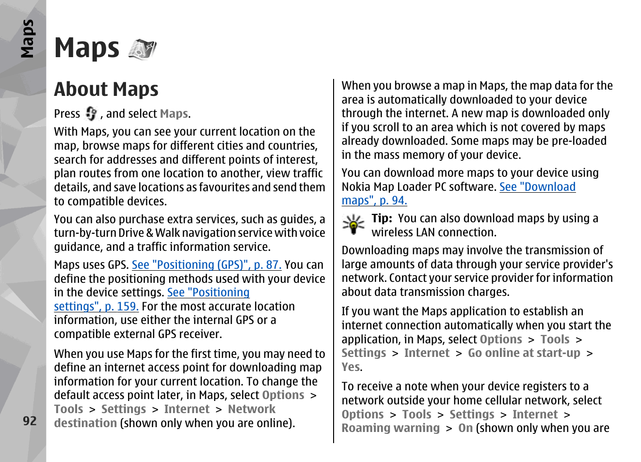 Maps, About maps | Nokia N96 User Manual | Page 92 / 396