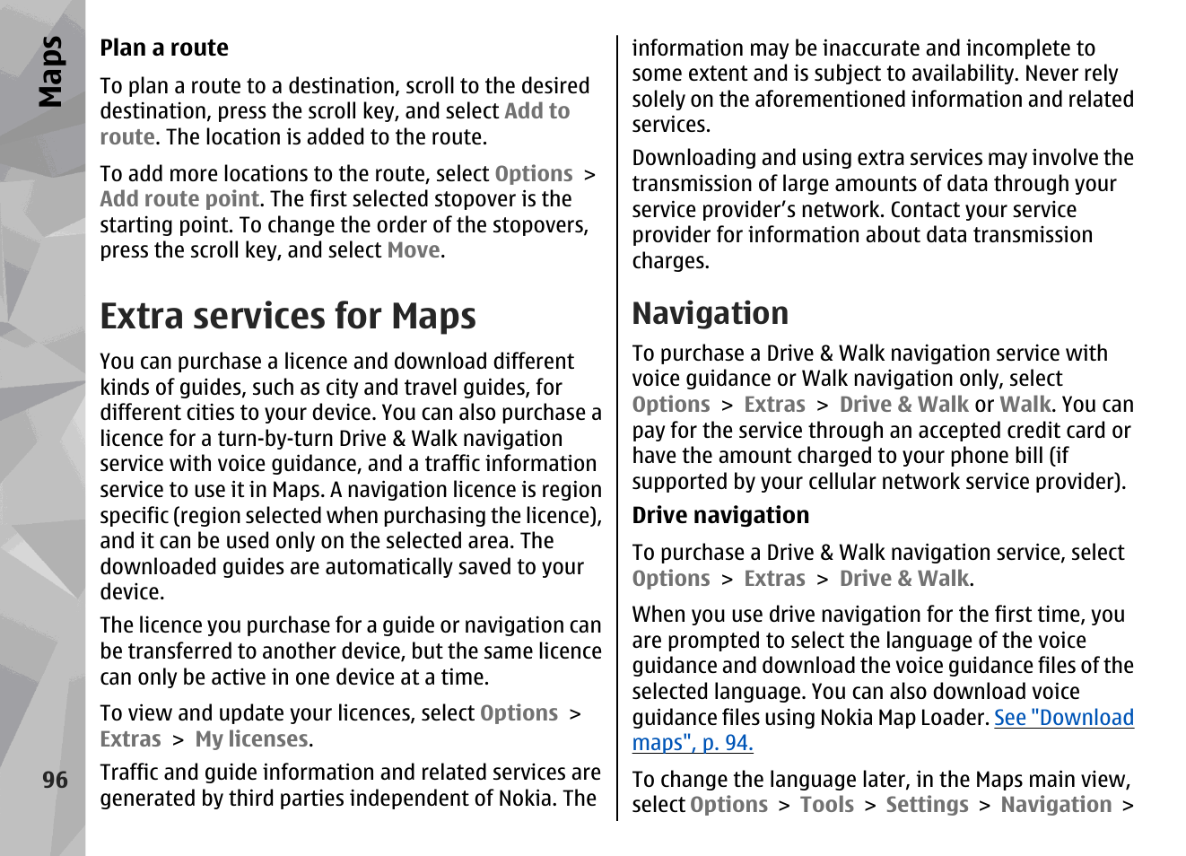 Extra services for maps, Navigation, Maps | Nokia N96 User Manual | Page 96 / 396