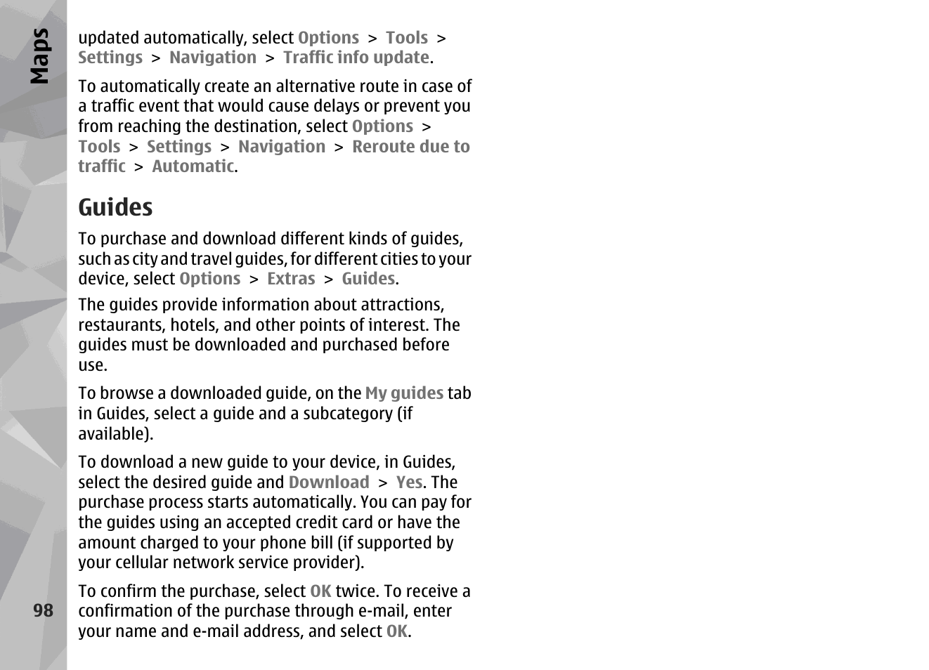 Guides, Maps | Nokia N96 User Manual | Page 98 / 396