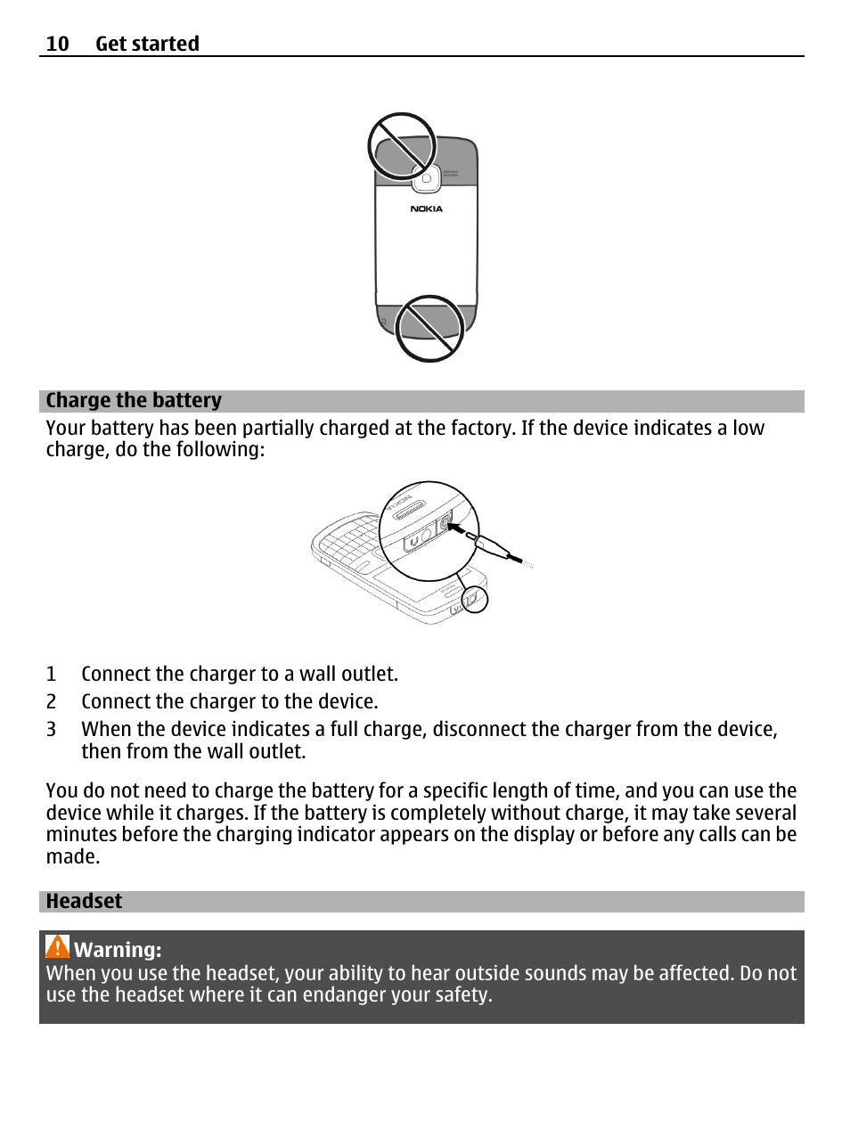 Charge the battery, Headset | Nokia C3-00 User Manual | Page 10 / 44