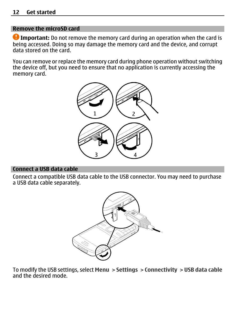 Remove the microsd card, Connect a usb data cable | Nokia C3-00 User Manual | Page 12 / 44