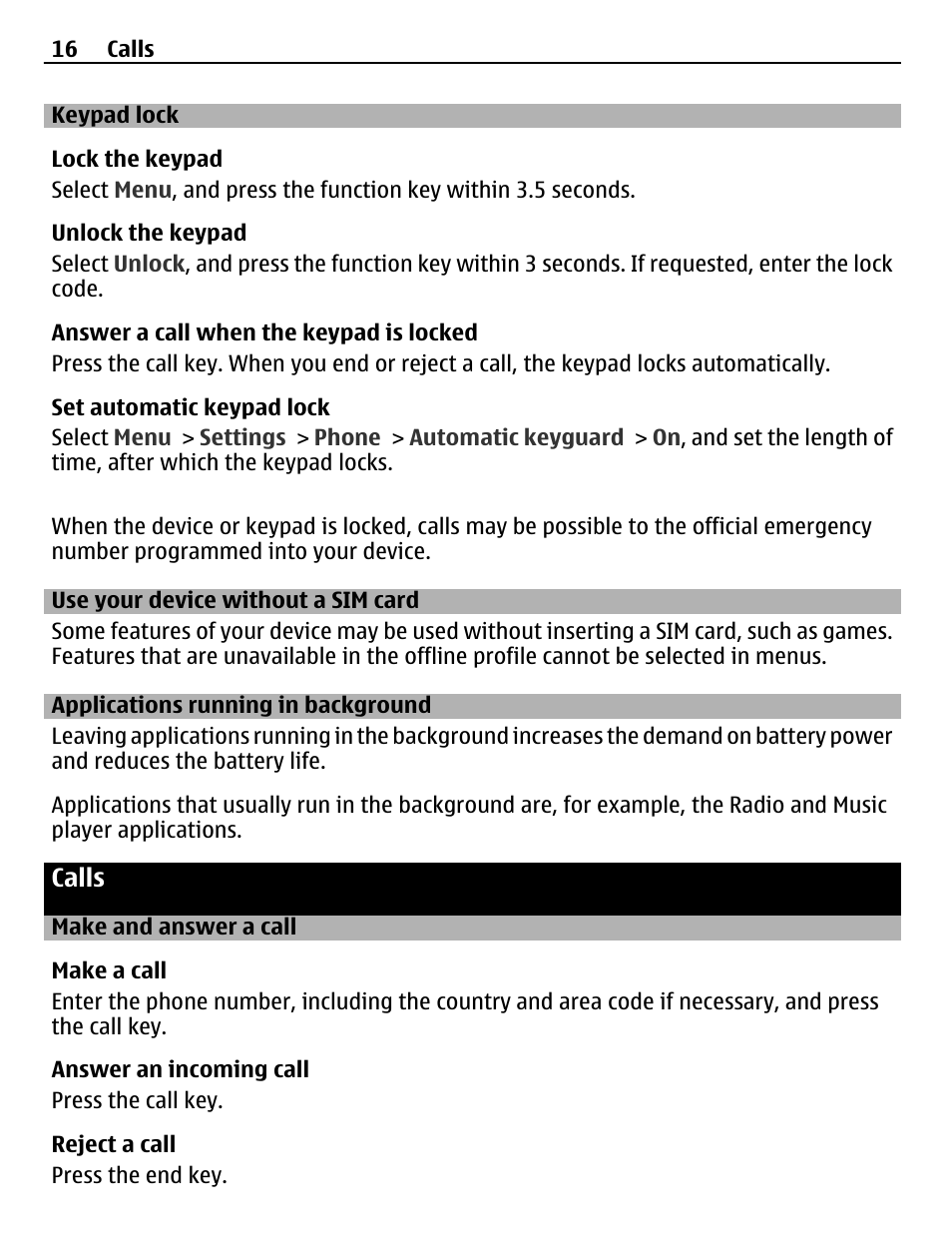 Keypad lock, Use your device without a sim card, Applications running in background | Calls, Make and answer a call, Applications running in background 16 | Nokia C3-00 User Manual | Page 16 / 44