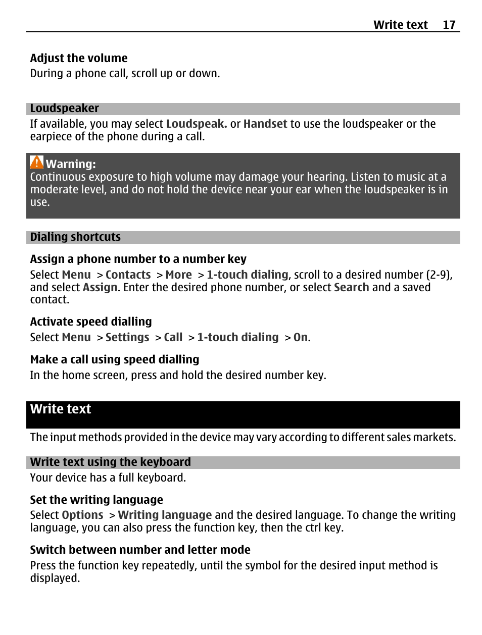 Loudspeaker, Dialing shortcuts, Write text | Write text using the keyboard | Nokia C3-00 User Manual | Page 17 / 44