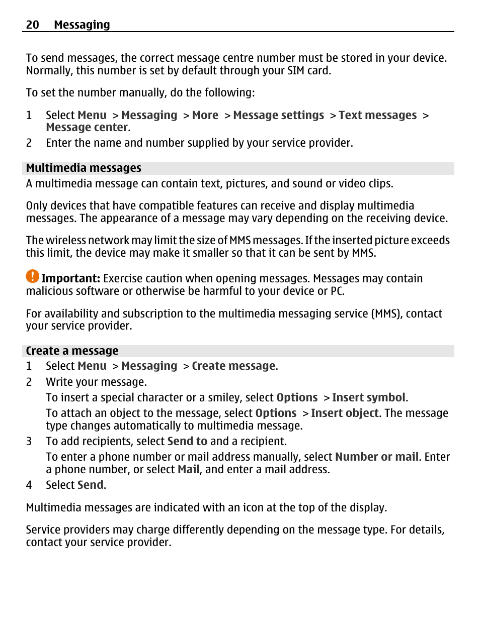 Multimedia messages, Create a message | Nokia C3-00 User Manual | Page 20 / 44