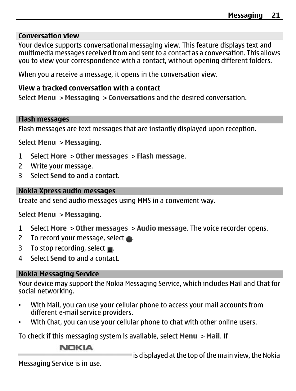 Conversation view, Flash messages, Nokia xpress audio messages | Nokia messaging service | Nokia C3-00 User Manual | Page 21 / 44