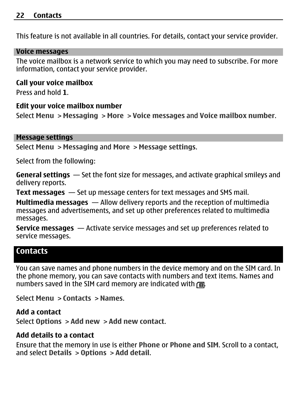 Voice messages, Message settings, Contacts | Nokia C3-00 User Manual | Page 22 / 44