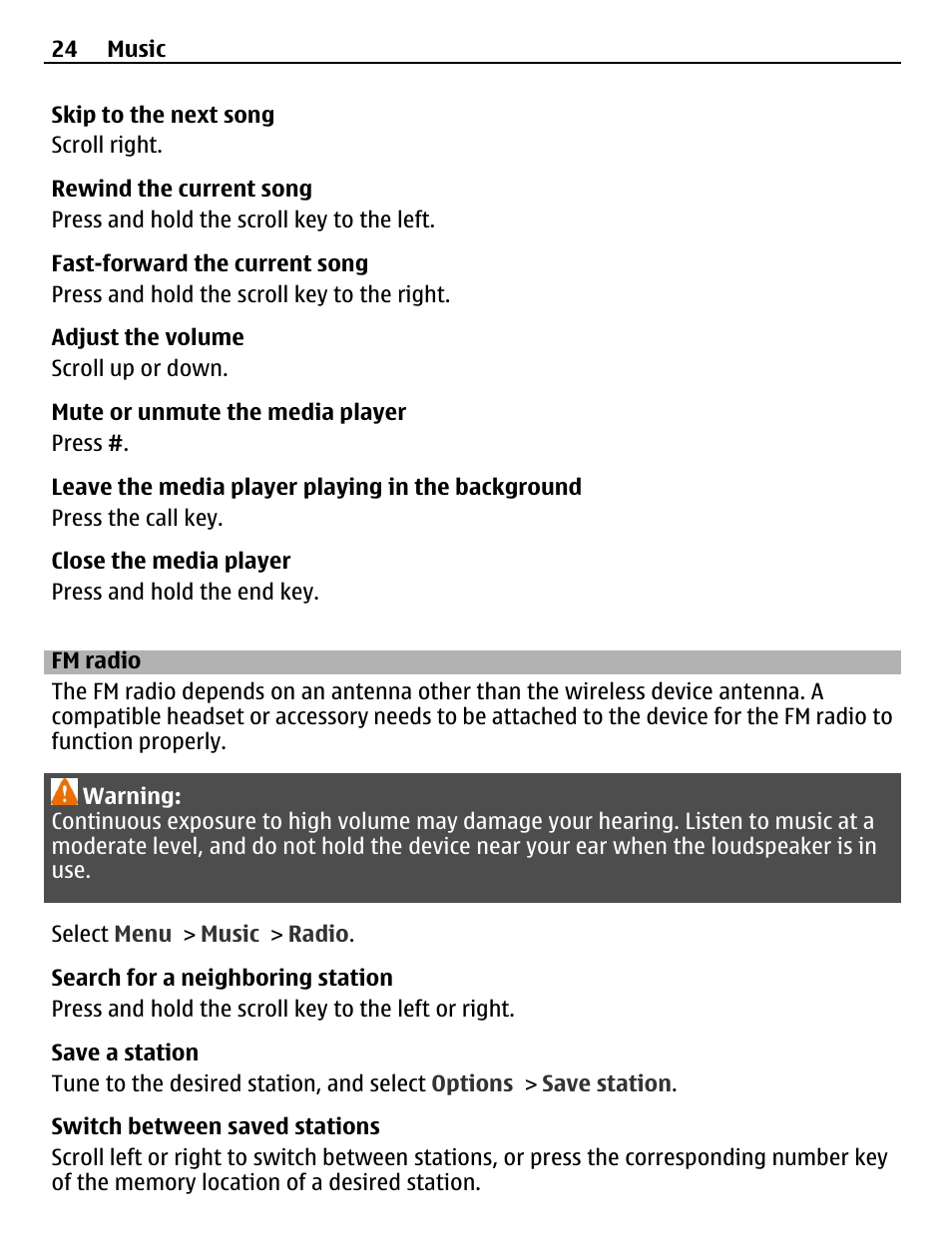 Fm radio | Nokia C3-00 User Manual | Page 24 / 44