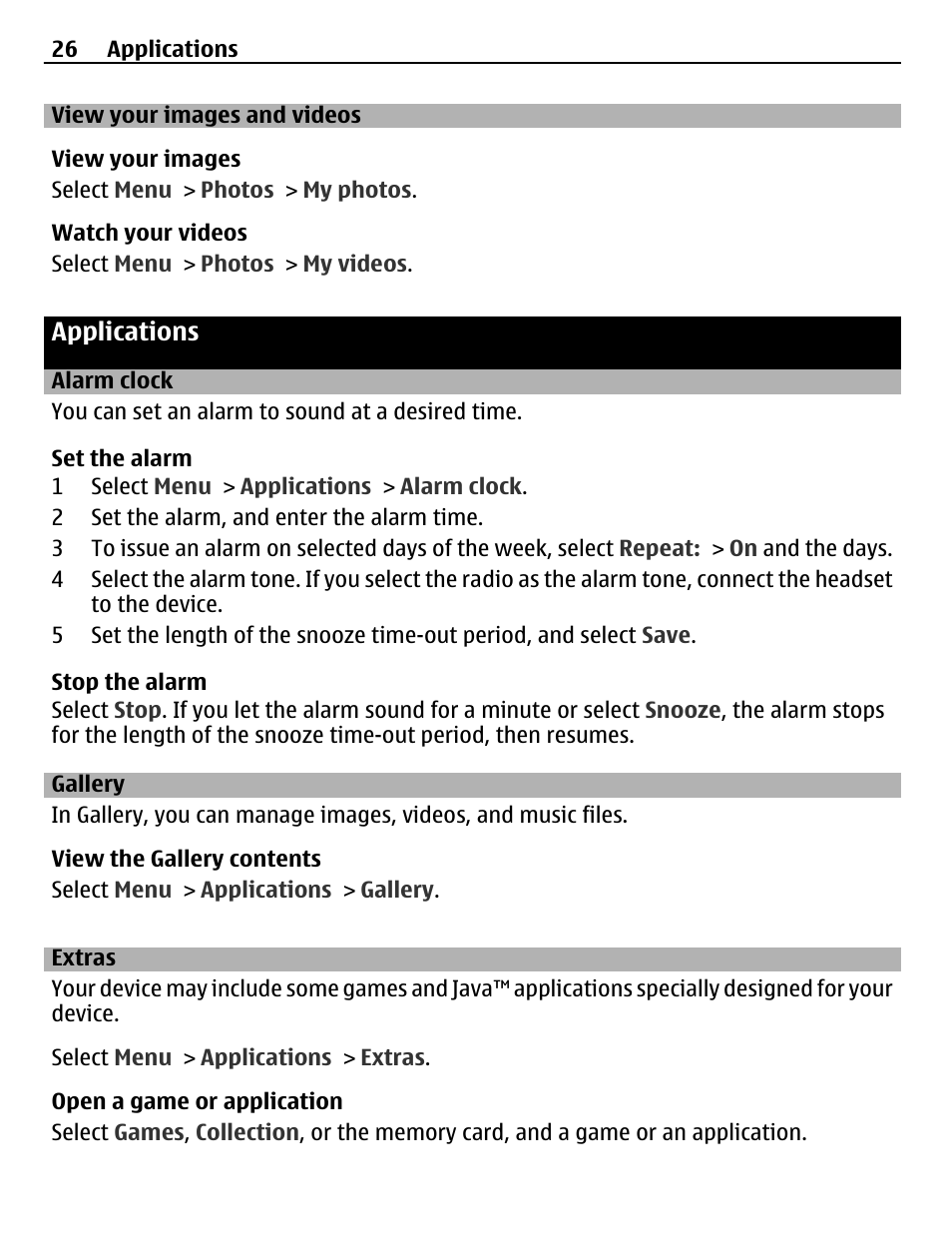 View your images and videos, Applications, Alarm clock | Gallery, Extras | Nokia C3-00 User Manual | Page 26 / 44