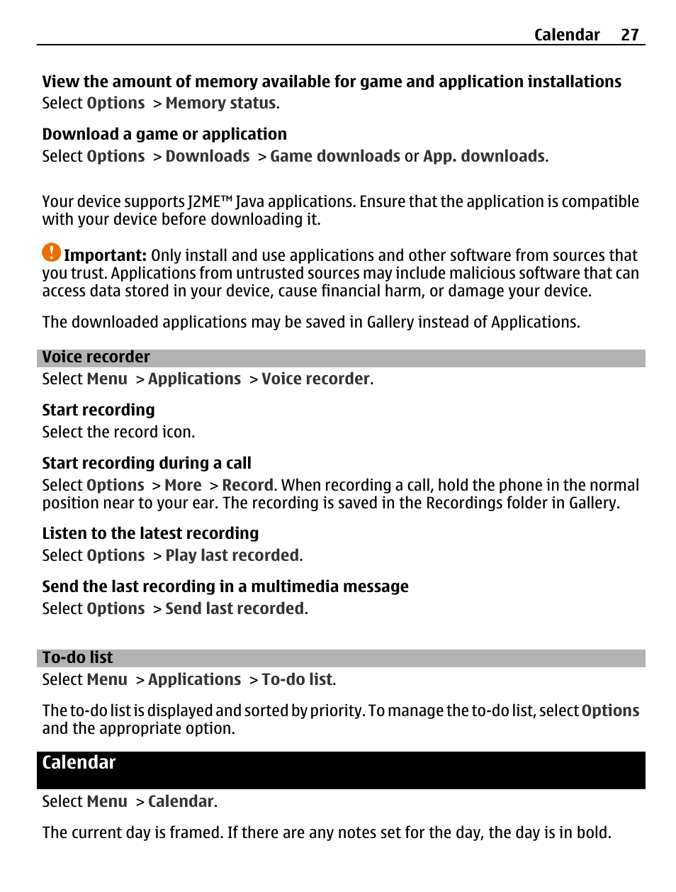 Voice recorder, To-do list, Calendar | Nokia C3-00 User Manual | Page 27 / 44