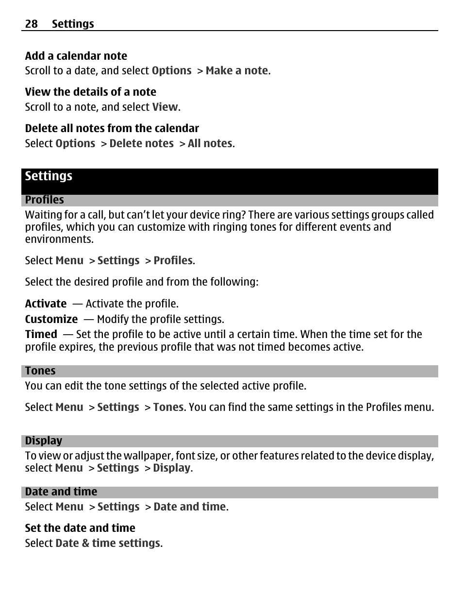 Settings, Profiles, Tones | Display, Date and time | Nokia C3-00 User Manual | Page 28 / 44