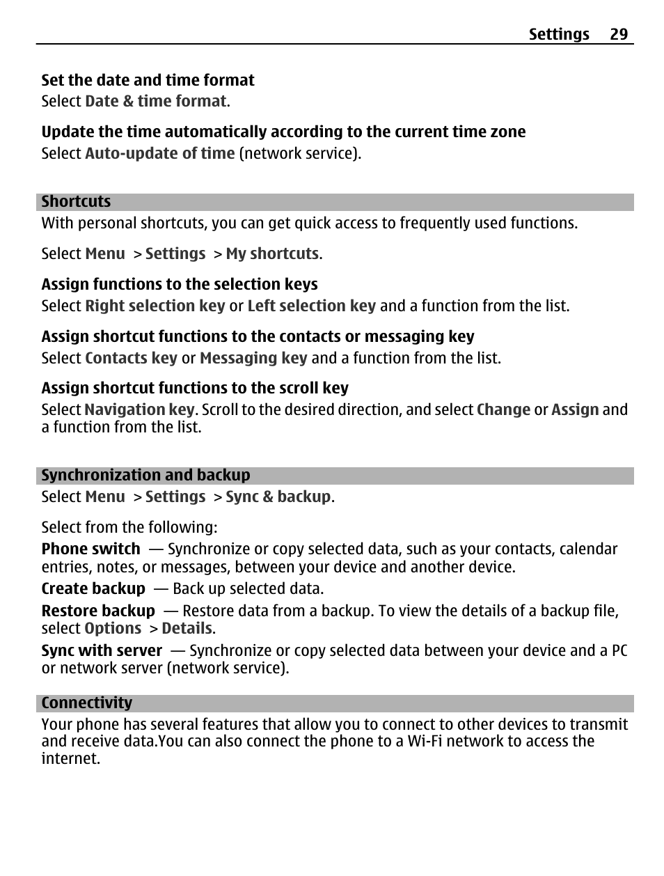 Shortcuts, Synchronization and backup, Connectivity | Nokia C3-00 User Manual | Page 29 / 44