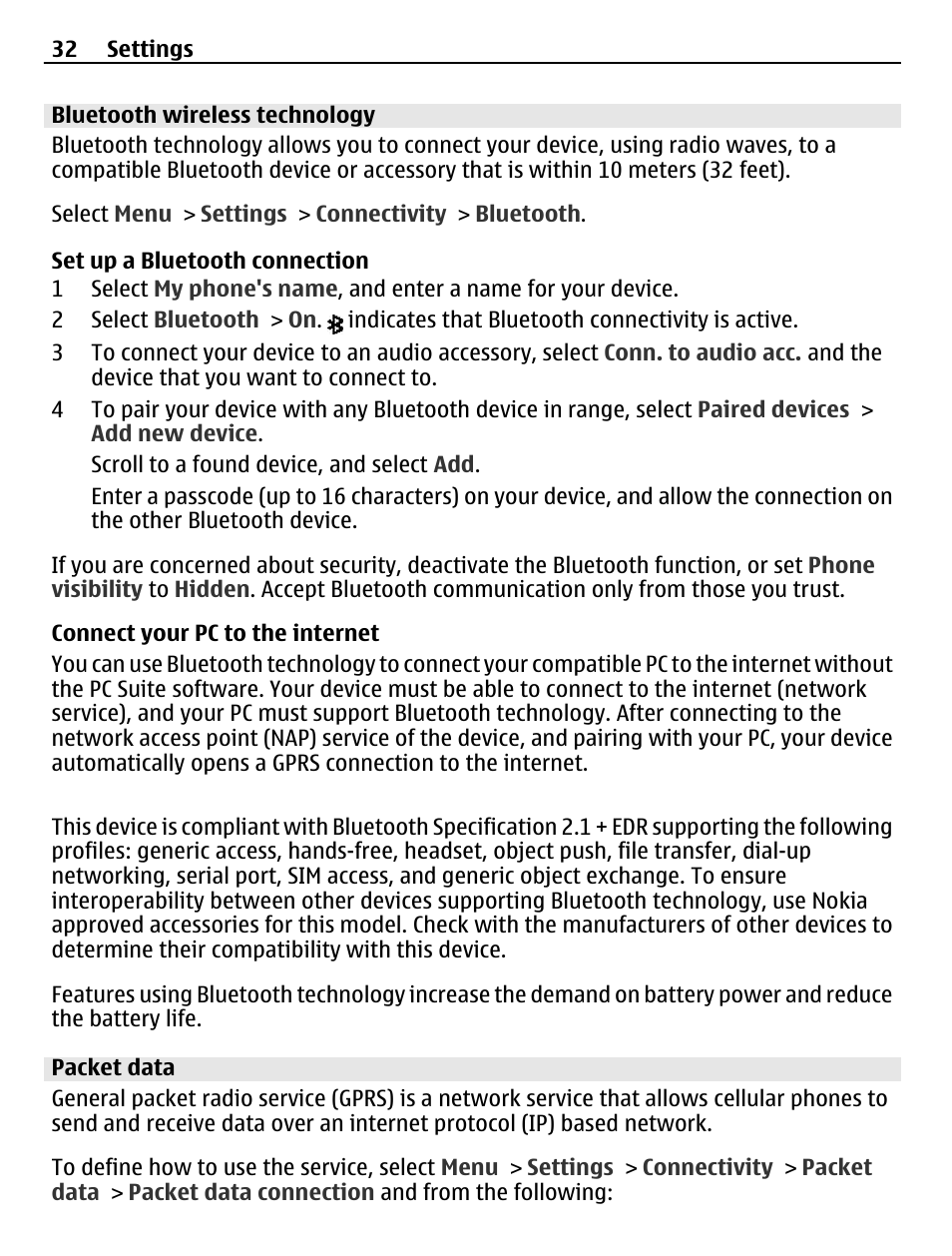 Bluetooth wireless technology, Packet data | Nokia C3-00 User Manual | Page 32 / 44