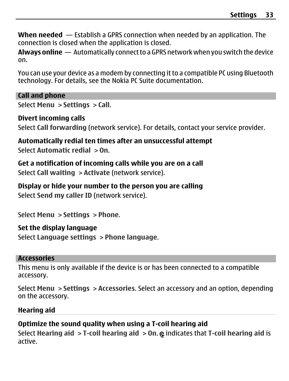 Call and phone, Accessories | Nokia C3-00 User Manual | Page 33 / 44