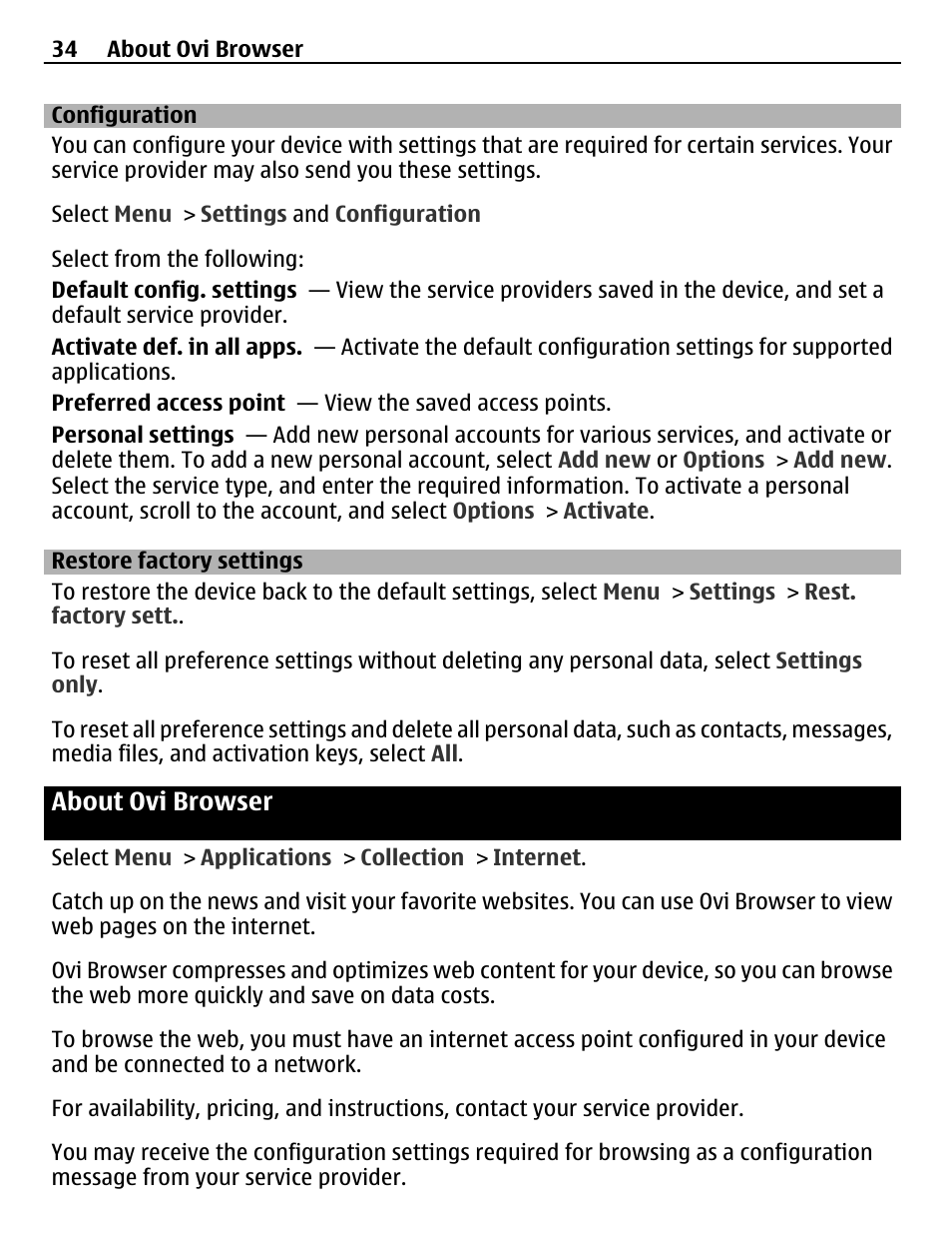 Configuration, Restore factory settings, About ovi browser | Nokia C3-00 User Manual | Page 34 / 44