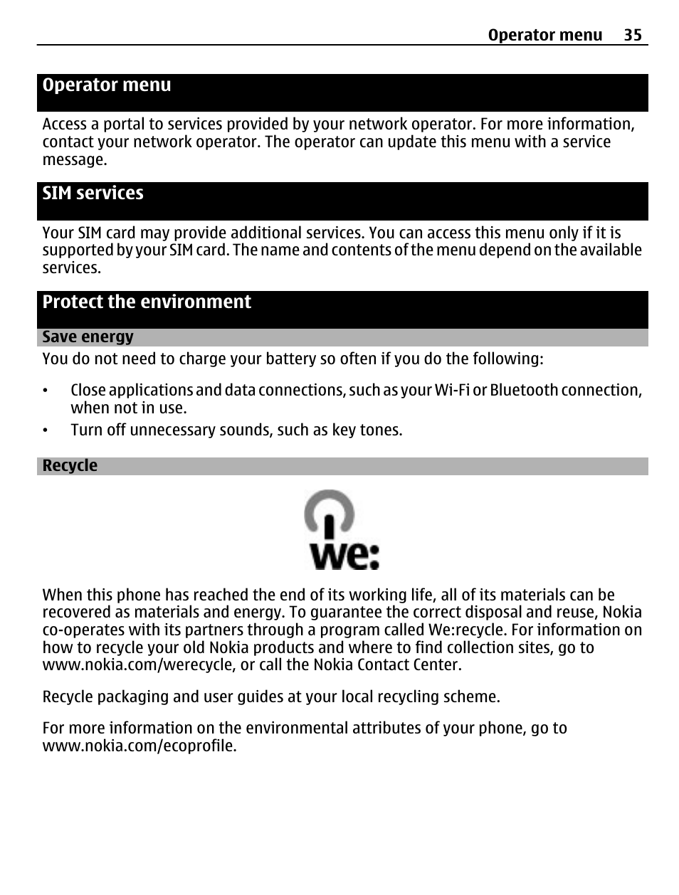 Operator menu, Sim services, Protect the environment | Save energy, Recycle | Nokia C3-00 User Manual | Page 35 / 44