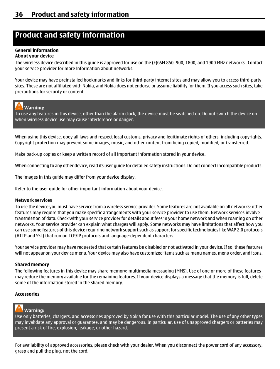 Product and safety information, General information, About your device | Network services, Shared memory, Accessories, 36 product and safety information | Nokia C3-00 User Manual | Page 36 / 44