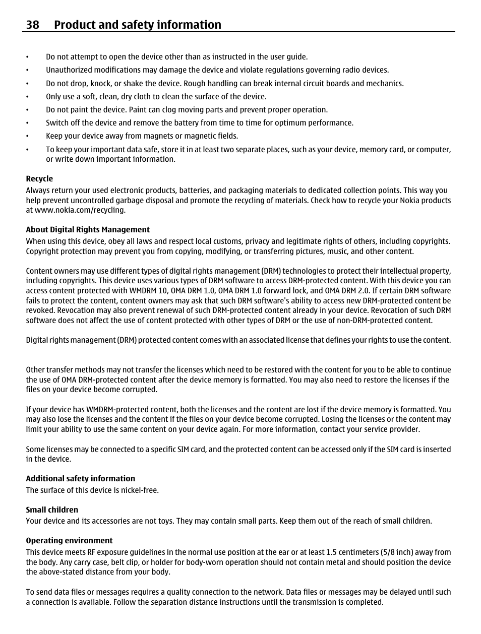 Recycle, About digital rights management, Additional safety information | Small children, Operating environment, 38 product and safety information | Nokia C3-00 User Manual | Page 38 / 44