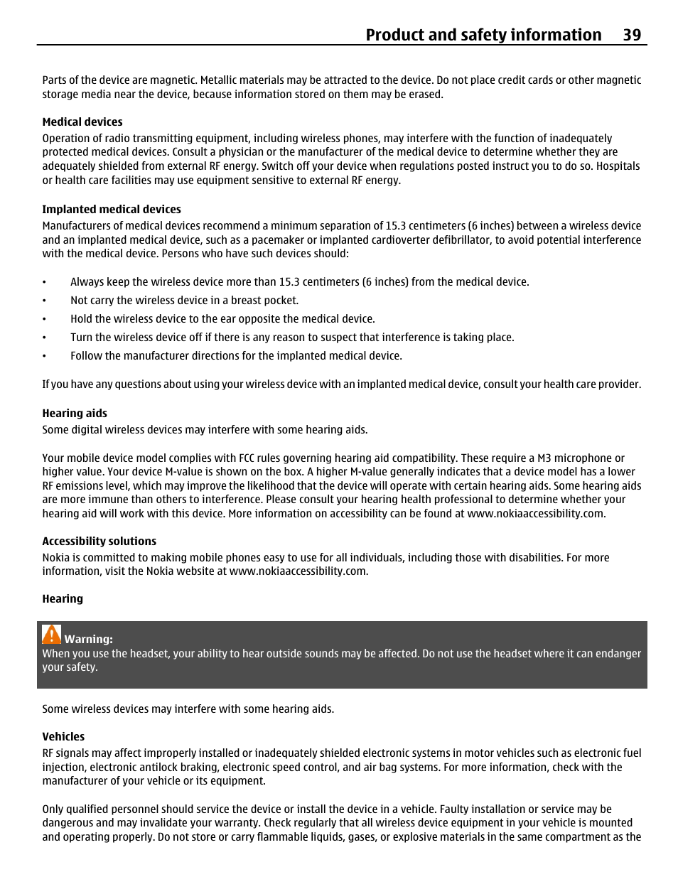 Medical devices, Implanted medical devices, Hearing aids | Accessibility solutions, Hearing, Vehicles, Product and safety information 39 | Nokia C3-00 User Manual | Page 39 / 44
