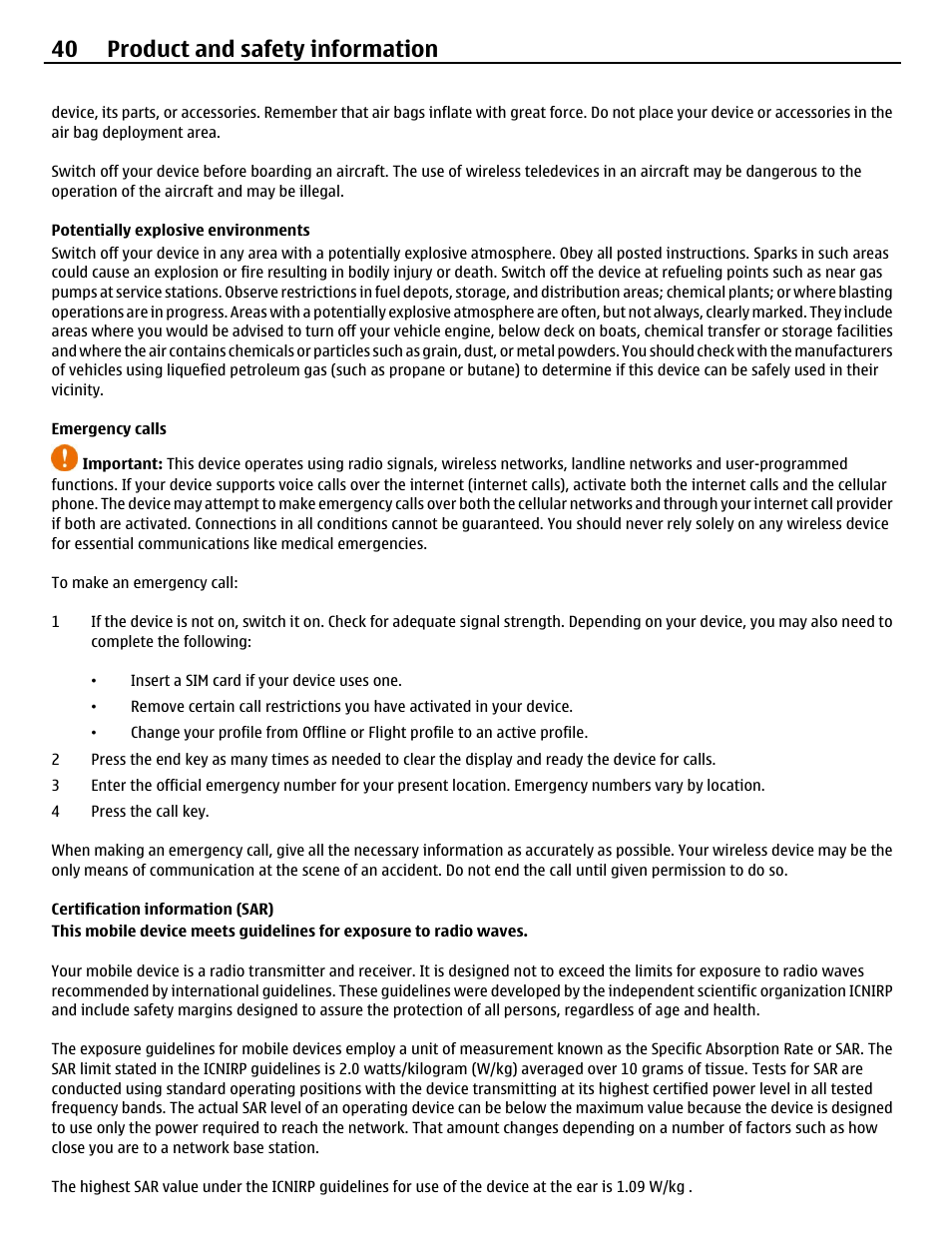 Potentially explosive environments, Emergency calls, Certification information (sar) | 40 product and safety information | Nokia C3-00 User Manual | Page 40 / 44