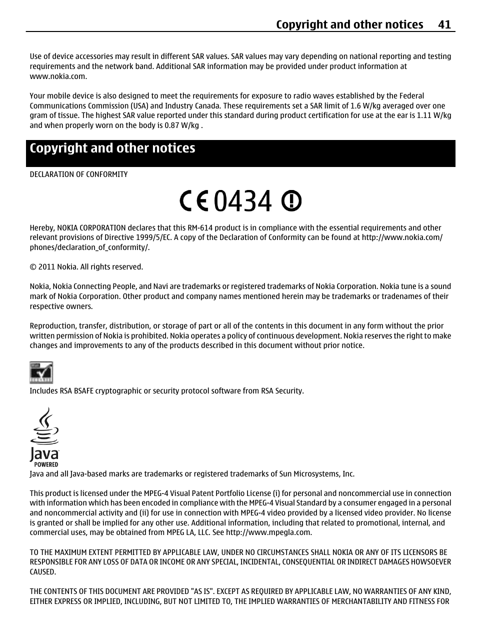 Copyright and other notices, Copyright and other notices 41 | Nokia C3-00 User Manual | Page 41 / 44