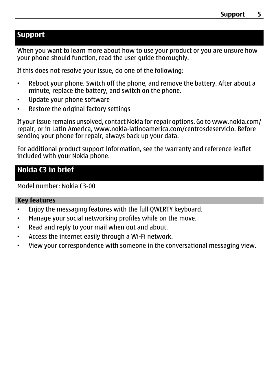 Support, Nokia c3 in brief, Key features | Nokia C3-00 User Manual | Page 5 / 44