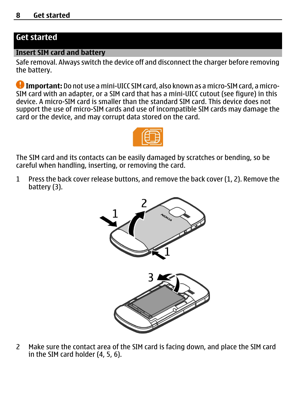 Get started, Insert sim card and battery | Nokia C3-00 User Manual | Page 8 / 44