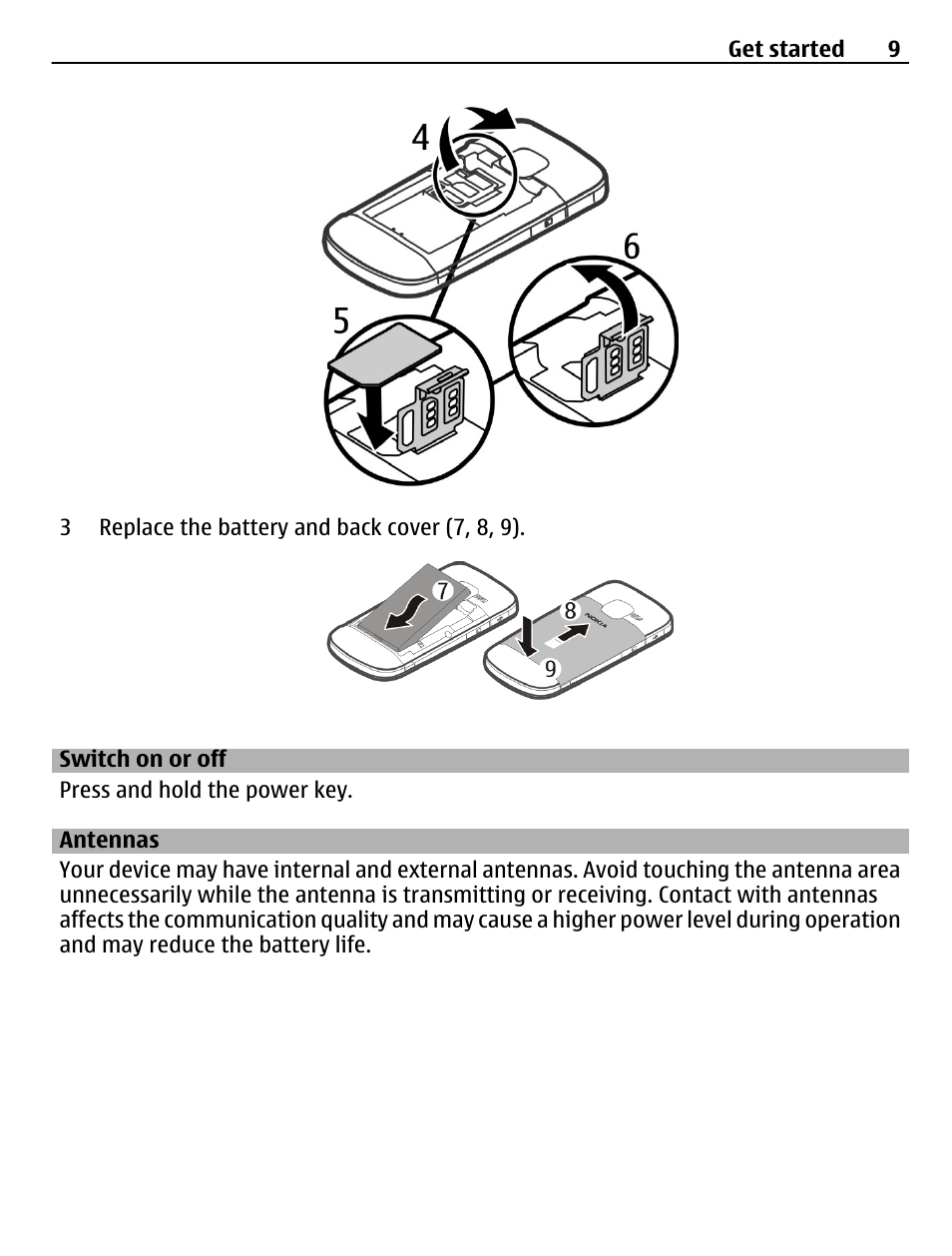 Switch on or off, Antennas | Nokia C3-00 User Manual | Page 9 / 44