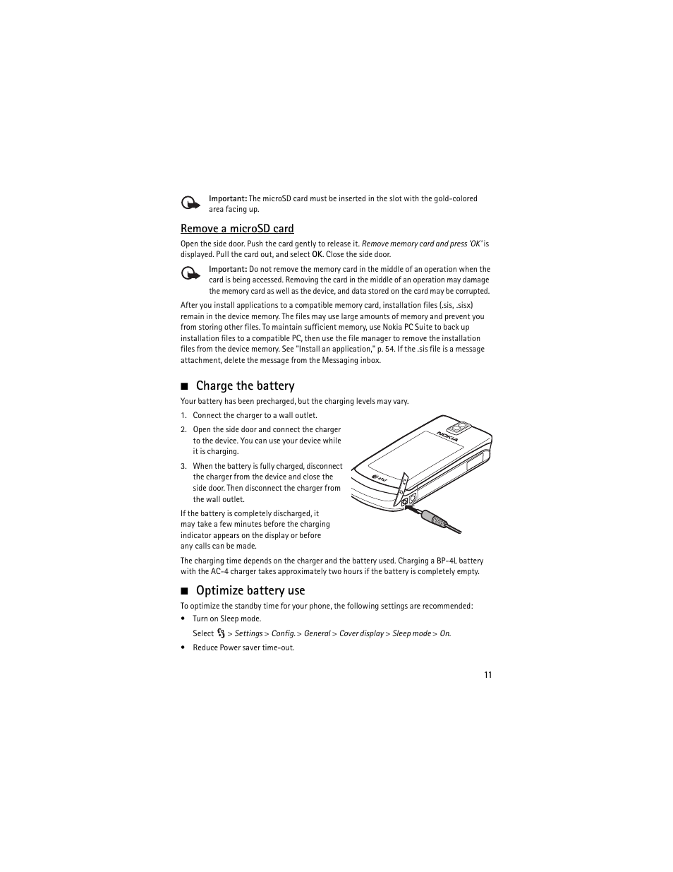 Charge the battery, Optimize battery use, Charge the battery optimize battery use | Remove a microsd card | Nokia 6650 Fold User Manual | Page 12 / 65