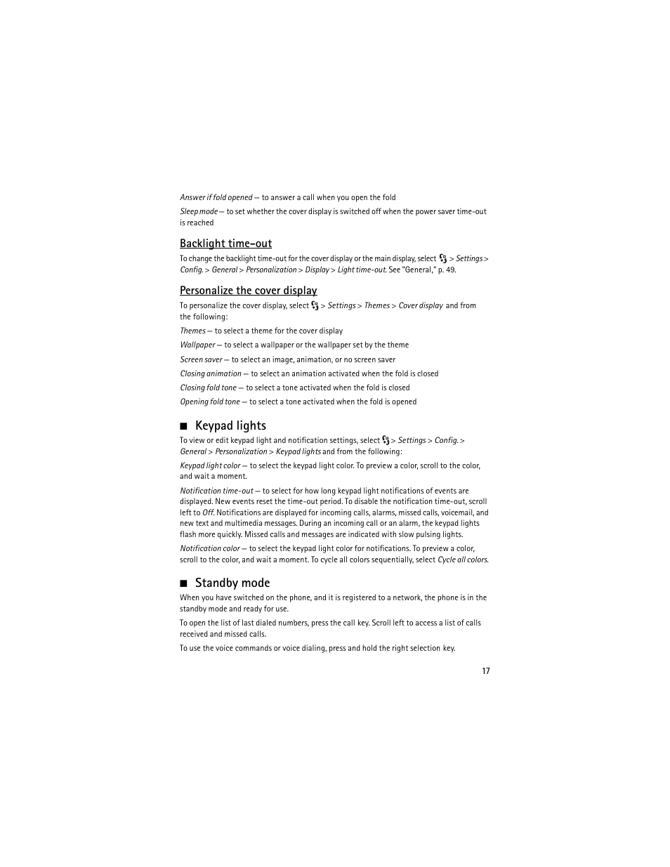 Keypad lights, Standby mode, Keypad lights standby mode | Backlight time-out, Personalize the cover display | Nokia 6650 Fold User Manual | Page 18 / 65