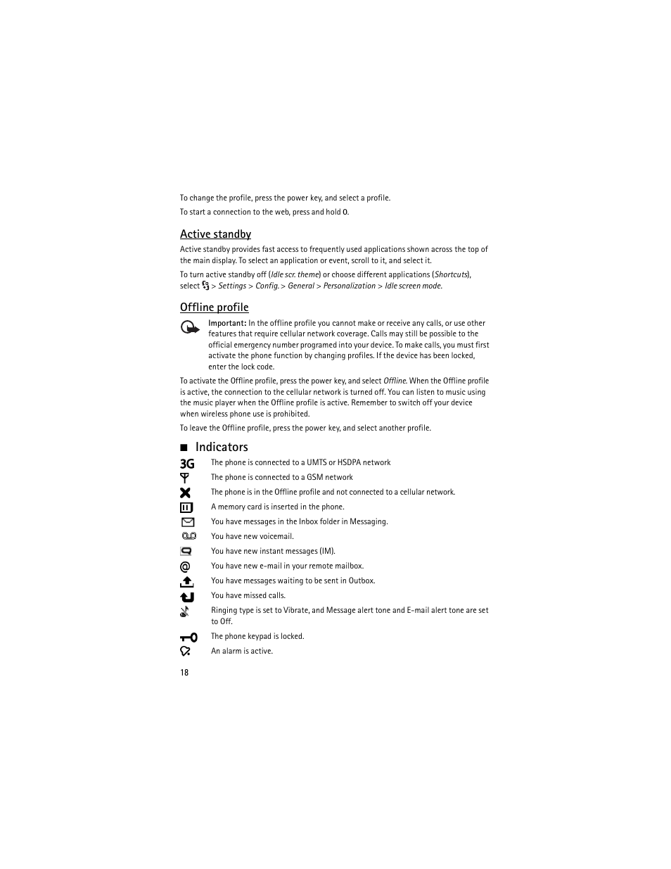 Indicators, Active standby, Offline profile | Nokia 6650 Fold User Manual | Page 19 / 65