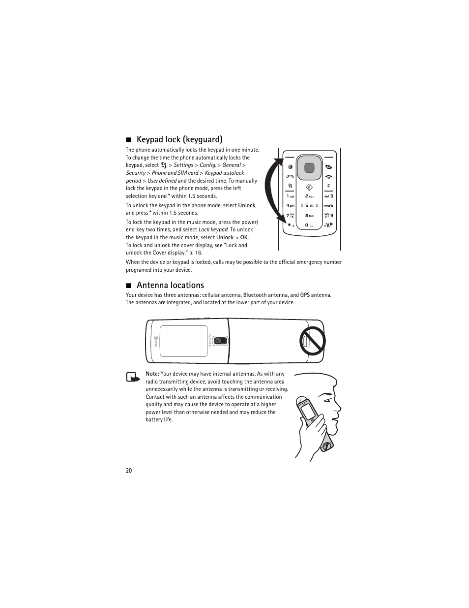 Keypad lock (keyguard), Antenna, Keypad lock (keyguard) antenna locations | Antenna locations | Nokia 6650 Fold User Manual | Page 21 / 65