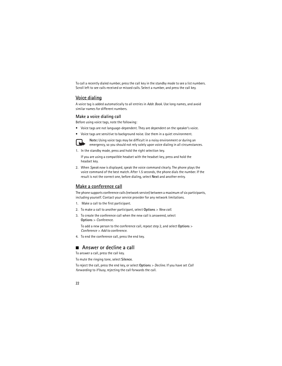 Answer or decline a call, Voice dialing, Make a conference call | Nokia 6650 Fold User Manual | Page 23 / 65