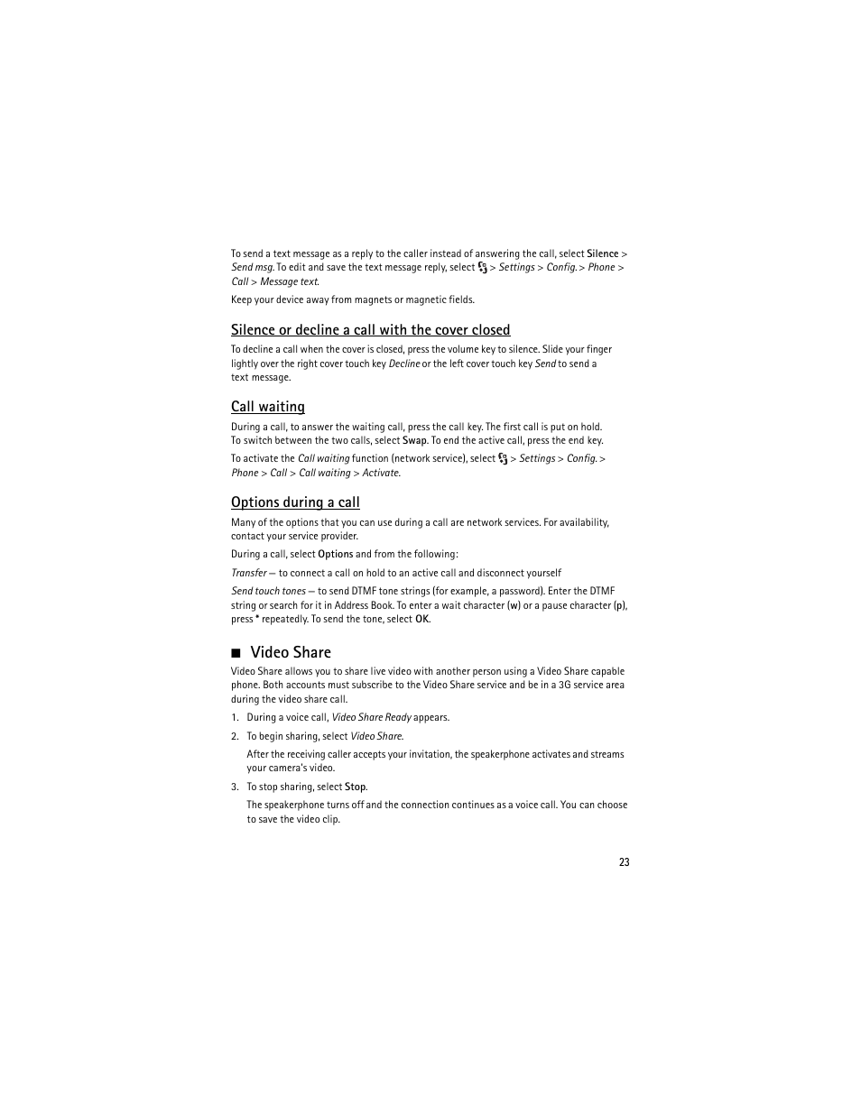 Video share, Silence or decline a call with the cover closed, Call waiting | Options during a call | Nokia 6650 Fold User Manual | Page 24 / 65