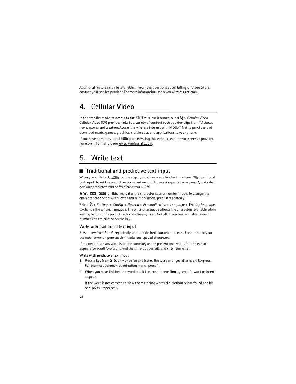 Cellular video, Write text, Traditional and predictive text input | Nokia 6650 Fold User Manual | Page 25 / 65